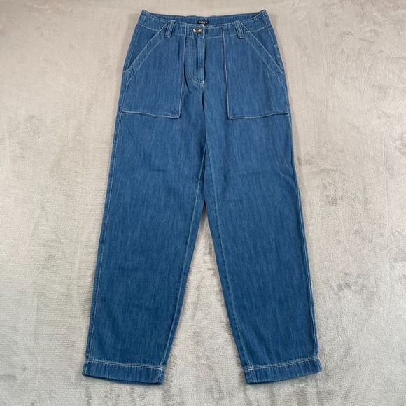 Chambray Cargo Pants Women Blue Linen Blend Patch